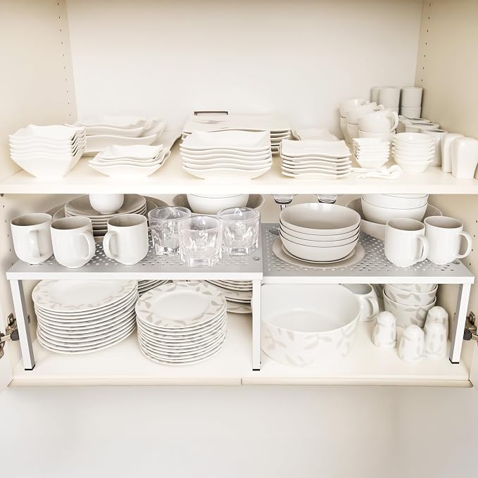 Simple Houseware Expandable Stackable Kitchen Counter Shelf Organizer, White, Metal Top, 11.25"L x 7.9"W x 5.4"H | Expandable & Stackable 9" D x 12.75" W x 5.9" H - Image 2