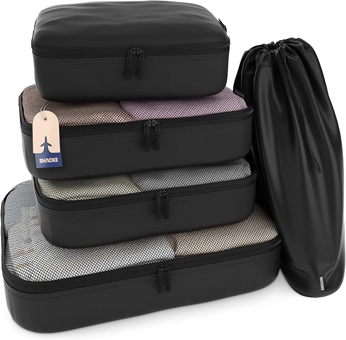 Shacke 5 Set Packing Cubes for Travel with Laundry Bag (Air Black) | Suitcase Organizer Bags Set: 4 Water-Resistant Luggage Cubes, XL to Small, + Laundry Bag for Carry-On or Checked by Shacke