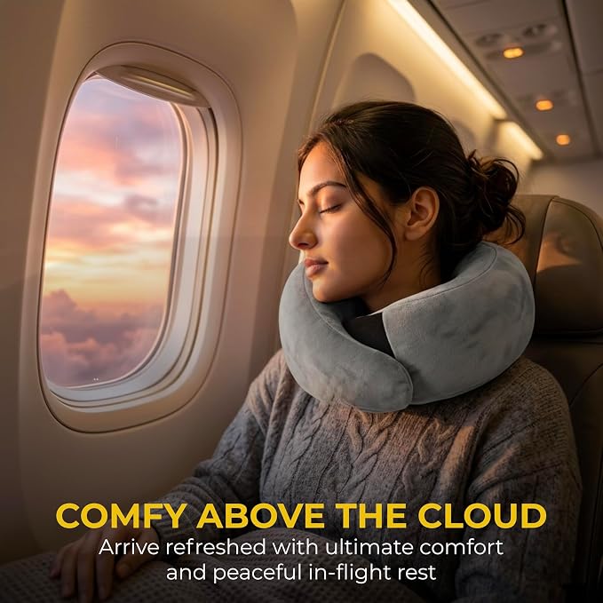 Travel Neck Pillow – Airplane Travel Essentials with Ergonomic Memory Foam Comfort – Premium Travel Pillows for Airplanes and Long Journeys, Compact Carry Pouch (Grey) - Image 8
