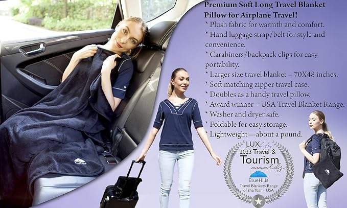 BlueHills Soft Long Travel Blankets 70X48 inches Large Value Pack of 2 Premium Airplane Travel Essential Flight Blanket Throw in a Bag Compact Plane Travel Gift Beige and Black - Image 9