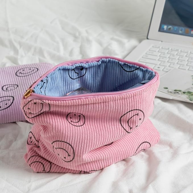 Cosmetic Bags for Women - Corduroy Cosmetic Bag Aesthetic Women Handbags Purses Smile Dots Makeup Organizer Storage Makeup Bag Girls Case Bags (Double Pink Blue) - Image 4