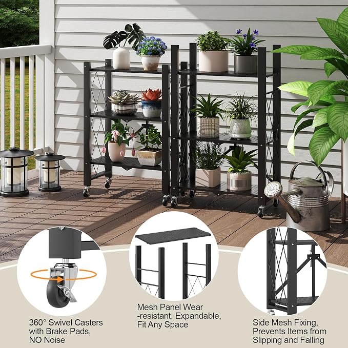 6-Tier Foldable Storage Shelves with Wheels Folding Bookshelf no Assembly | Folding Metal Shelf Unit, Collapsible Shelves for Craft Shows for Kitchen, Bedroom, Living Room, Black - Image 5