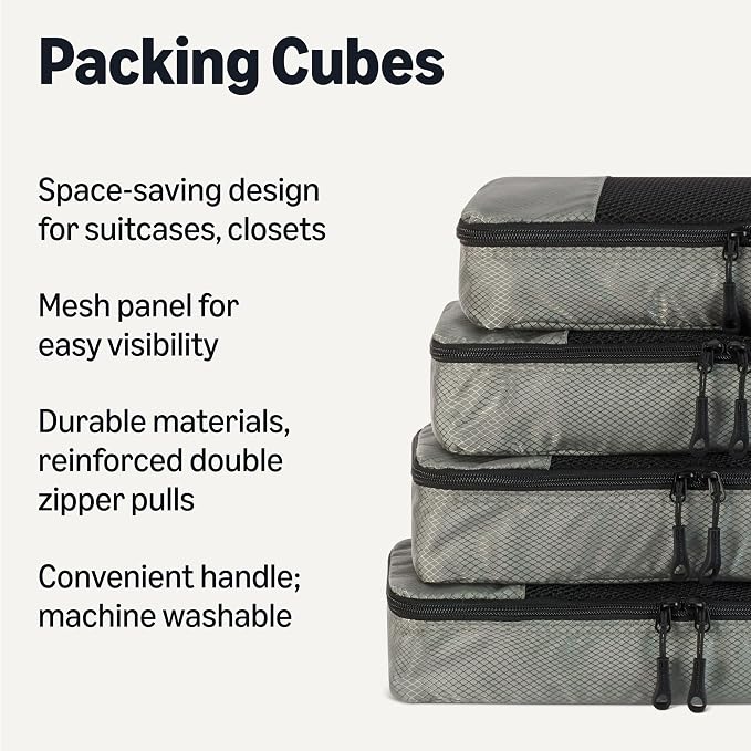 Amazon Essentials 4-Piece Slim Packing Cubes, Travel Accessories Set, Luggage Organizer, Suitcase Organizer with Double Zipper, Mesh Top, Space-Saving, Gray (Previously Amazon Basics) - Image 2