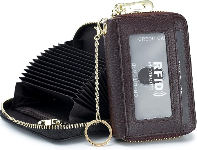 imeetu Rfid Credit Card Holder, Businese Card Case, Wallet for Women Men | Genuine Leather Card Wallet with id Window, Keychain & Double Zipper, Water-resistan Small Wallet with Gift Box, Daily Travel by imeetu