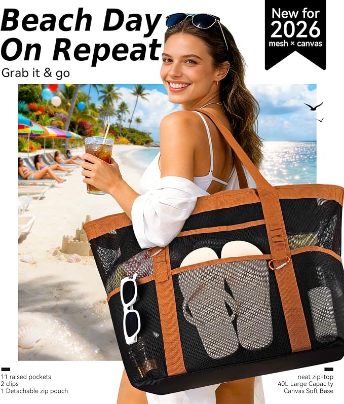Chic Cruise Essentials Beach Bag for Women, Large Zip Top Tote, 11 Pockets | 40L+ Spacious;Mesh × Canvas;Zipper Pouch;Secure Zip-Top;Sand-Resistant Base - Image 2
