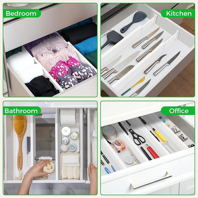 4 Pack Bamboo Drawer Dividers Organizer with Inserts 2.6'' High | Expandable from 12.5-21.7", Adjustable Drawer Organizer Separators for Utensils, Clothing, Office, Dresser, Bedroom, (White) - Image 5