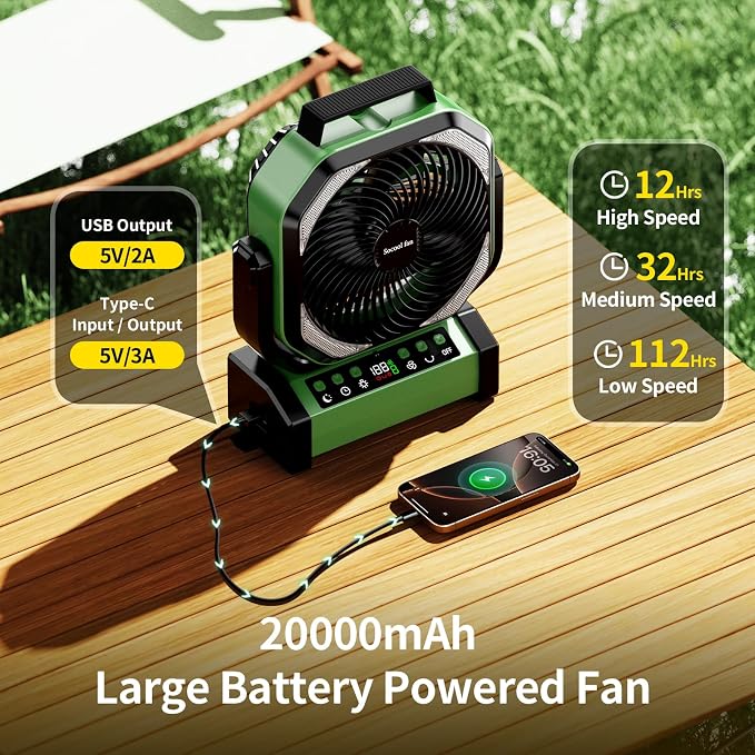 Socool Camping Fan with Light, 20000mAh Rechargeable Battery Fan with Remote, 112Hrs & 8 Speeds, Digital Display, Timer, Auto Oscillation, 270° Pivot & Hook for Outdoor Tent, Hurricane, Power Outage - Image 4