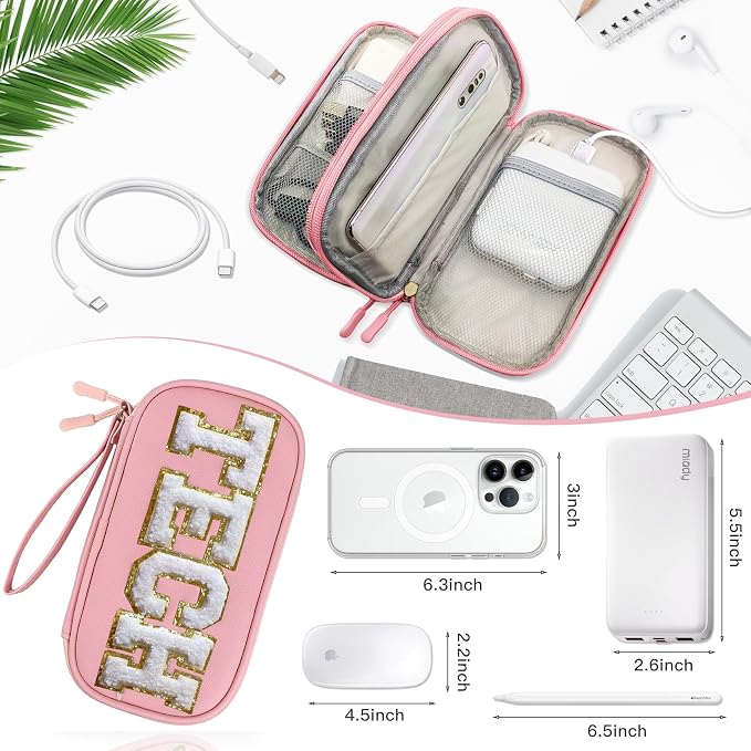 COSHAYSOO Personalized Electronics Travel Organizer Cable Management Case Phone Charger Charging Cords Tech Accessories Pouch, Unique Trip Gifts for Women Traveler College Teen Girls Vacation Pink - Image 4