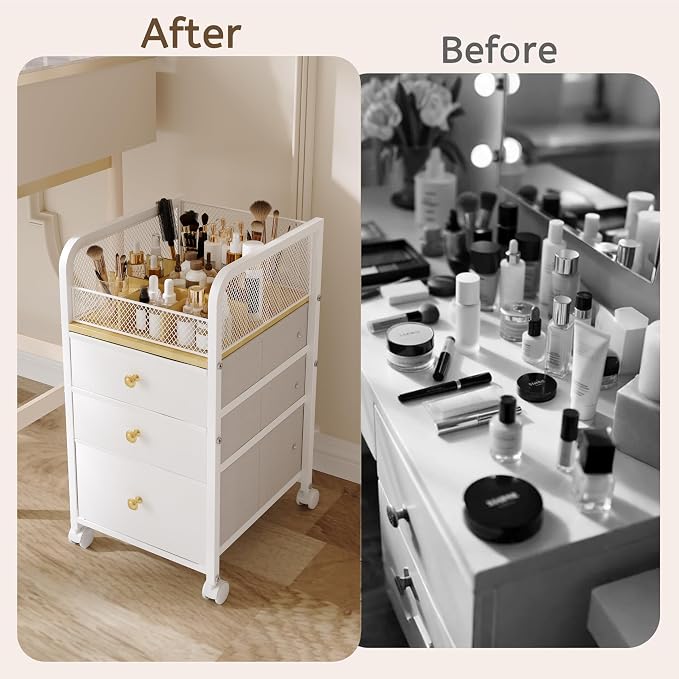 Rolling Makeup Organizer Cart with Drawers Under Desk Storage for Vanity | Vanity Cart Bathroom Storage Cart Cosmetic Vanity Display Cases Holder for Nail Polish Brush Hair Tool - Image 6