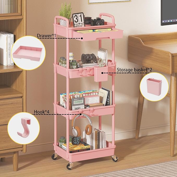 4 Tier Rolling Utility Cart with Drawer, Plastic Storage Organizer Rolling Carts with Wheels Handles Hanging Cups Hooks for Office, Bathroom, Kitchen,Craft Art Room (Pink) - Image 3