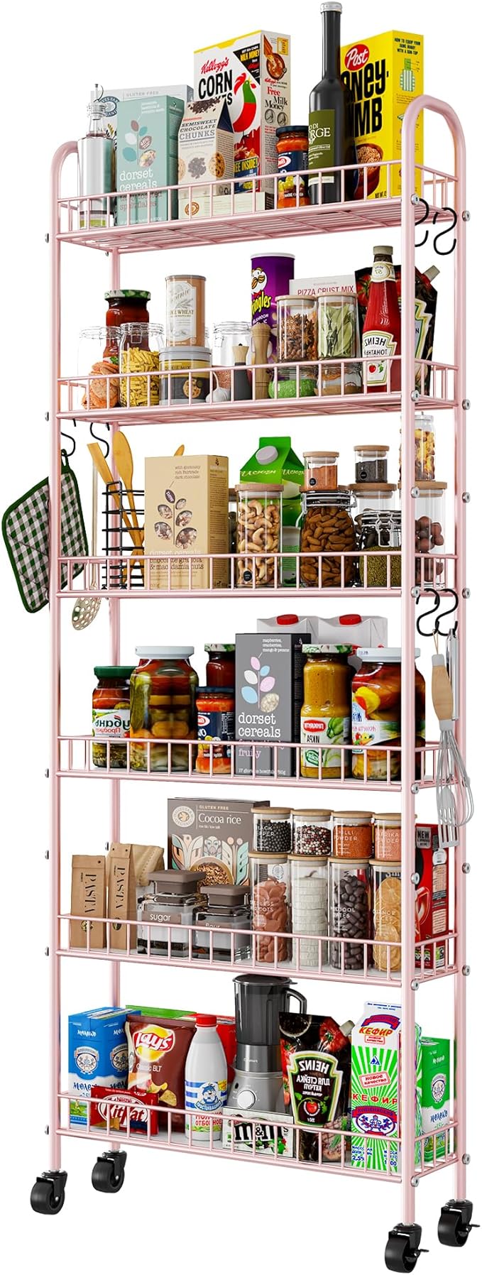 6 Tier Slim Rolling Storage Cart with Wheels, Metal Mobile Shelving Unit Organizer Utility Cart for Office Bathroom Kitchen Laundry Room Narrow Places (Pink 6 Inches) by Qiaoxuan