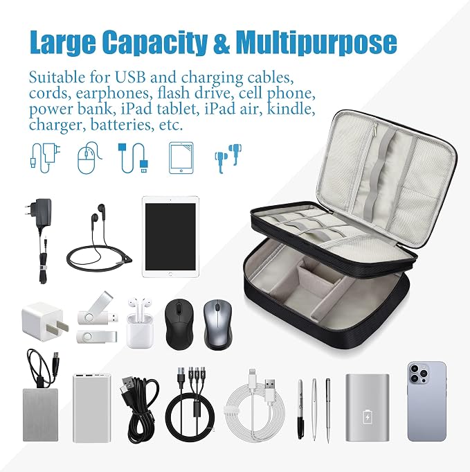 SELLYFELLY Electronics Travel Organizer, Double Layer Cable Organizer Bag Watreproof Electronics Accessories Storage Bag for Cord, Charger, Phone, Power Bank, Hard Drive - Image 6