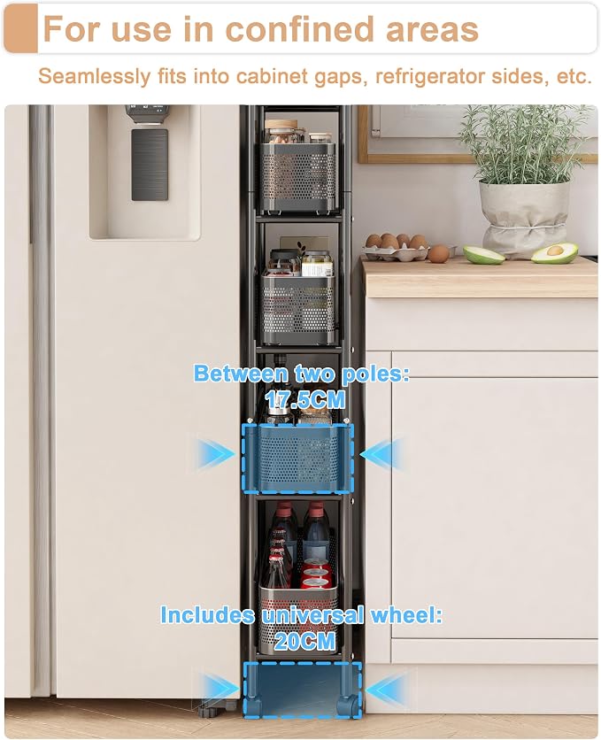 UMDONX 5-Tier Narrow Mobile Storage Cart with Pull-Out Baskets | The Multifunctional Pull-out Storage Rack Is Suitable for Bathrooms, Kitchens, and Laundry Rooms - Image 3