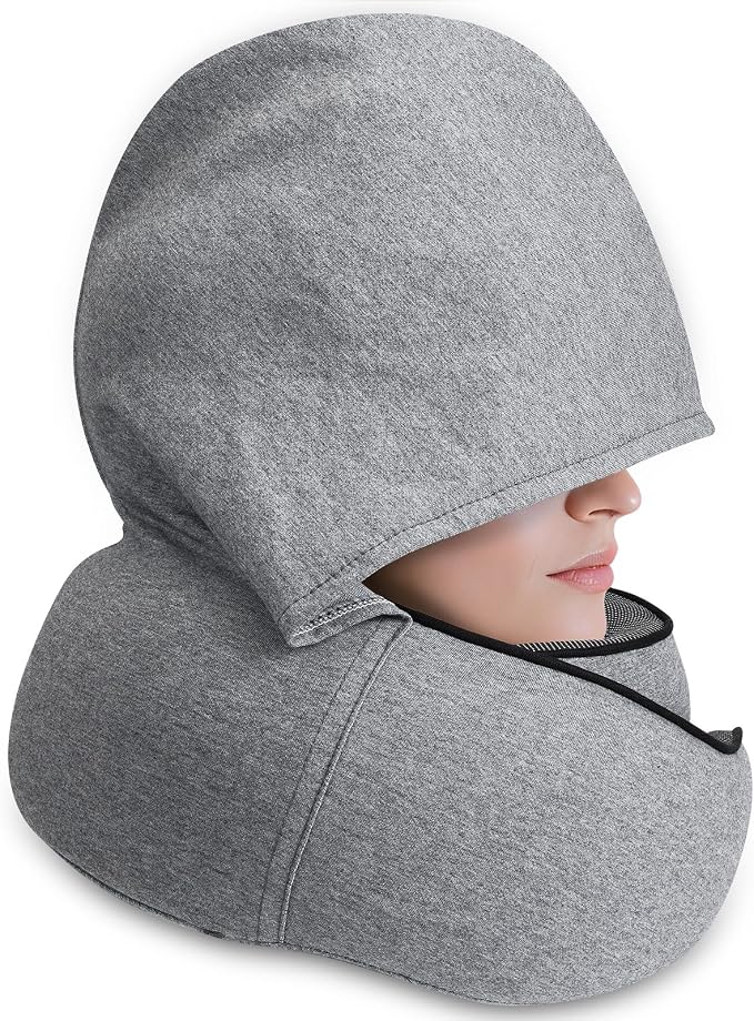 Travel Pillow with Hood (Light Gray) - for Airplane Travel and Car Ride Nap, Foldable Hood, Slow-Rebound Memory Foam, 360 Ergonomic Design, Compact and Portable in Travel Bag - Image 3