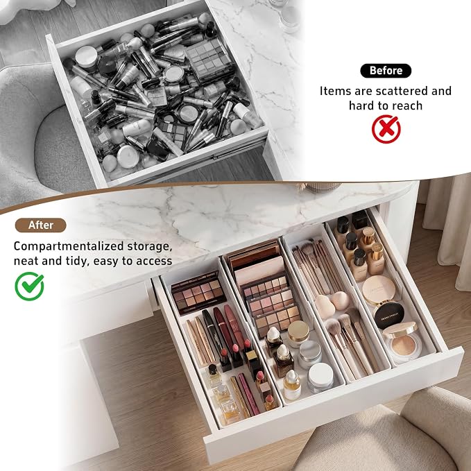 PAVSTINE 4-Pack Expandable Drawer Organizer for Makeup, 2M & 2S | Adjustable 9.45"–16.69", Customizable Compartments, 2-Size Storage Tray for Kitchen, Bathroom, Vanity & Office - Image 3