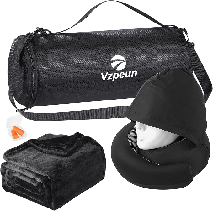Travel Pillow and Blanket Set for Airplane, Hooded Memory Foam Neck Pillow | Soft blanket, privacy hood, earplugs, carry bag and memory foam neck support for airplane travel, long flights and road trips by Vzpeun