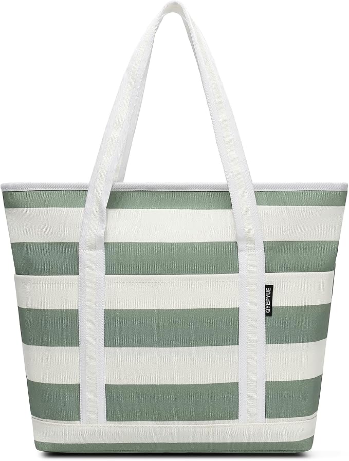 Large Canvas Tote Bag for Women, Beach Bag with Zipper, Utility Tote Bag with 3 Front Pockets, Weekender Pool Bag by CanvasToteBag