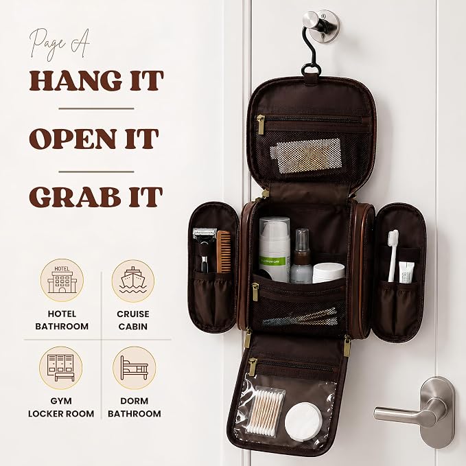PageA Compact Travel Toiletry Bag for Men, Portable Hanging Dopp Kit | Water-Resistant PU Leather, 360° Hanging Hook, Multiple Compartments, Matching Dust Bag - Image 4