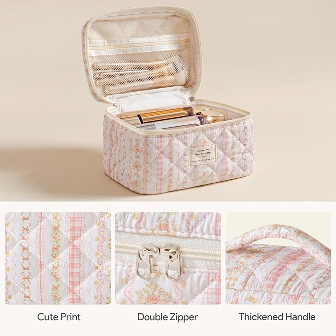 HBselect Quilted Makeup Bag, 3Pcs Cotton Large Travel Makeup Bags Organizer | Cute Floral Make up Bag Cosmetic Bag Toiletry Bag for Women Girls, Makeup Pouch for Skincare, Brushes & Travel Essentials - Image 2