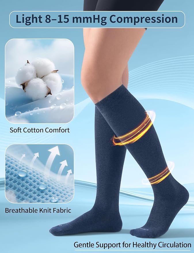 Light Compression Cotton Socks 8-15 mmHg for Women Men (3 Pairs) - Soft Knee High Socks for Comfort Support, Easy On - Image 2