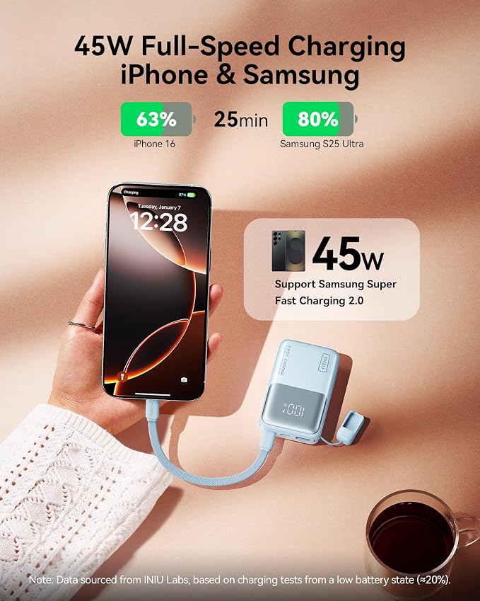 INIU Portable Charger, Ultra Mini 10000mAh 45W Fast Charging Power Bank | Flight-Safe, USB-C Cable, Travel Essential, 45W Battery Phone Pack for iPhone 17 16 Samsung S26 Google iPad etc, Light Blue - Image 3