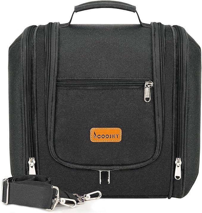 Travel Hanging Toiletry Bag for Women and Men, 6 Organizer Compartments, Holds Full Size Bottles, Extra Large Cosmetic Accessories, Makeup essentials, Bathroom Water-resistant Toiletries Bag, Black by COOSKY