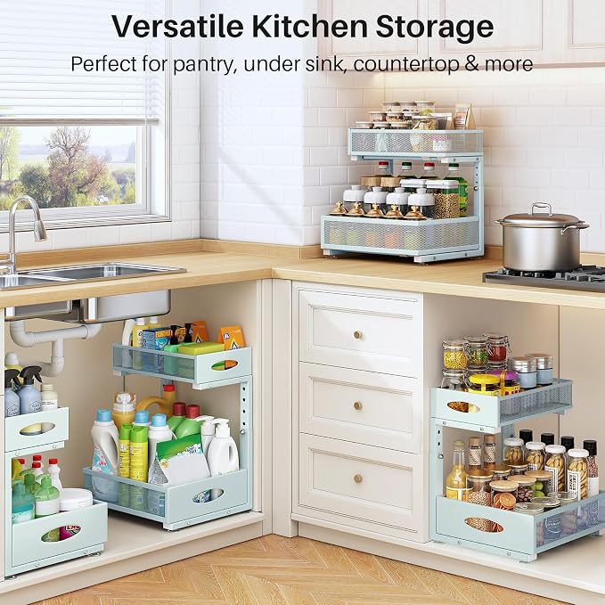 Under Sink Organizer, 2 Tier Pull Out Under Cabinet Organizer Shelf with Pad for Framed Cabinets, Metal Slide Out Under Sink Storage, Mesh Sliding Drawers for Kitchen Bathroom Laundry(Blue, 1 Pack) - Image 8