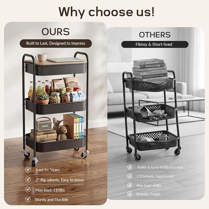 DTK 3 Tier Rolling Cart with Wheels, Heavy Duty Metal Utility Cart, Mobile Storage Organizer with Lockable Casters, Multi-Purpose Rolling Cart for Nursery, Bathroom, Kitchen, Office, Classroom - Image 4