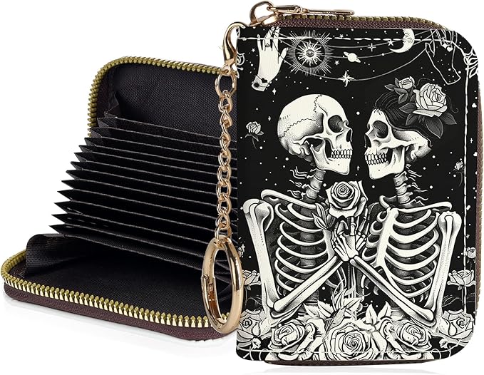 Credit Card Holder for Women,Small Rfid Wallet with Keychain Zipper,Cute PU Leather Card Case Wallet，Accordion Credit Card Wallets Gift,Skeleton Couple by Unknown