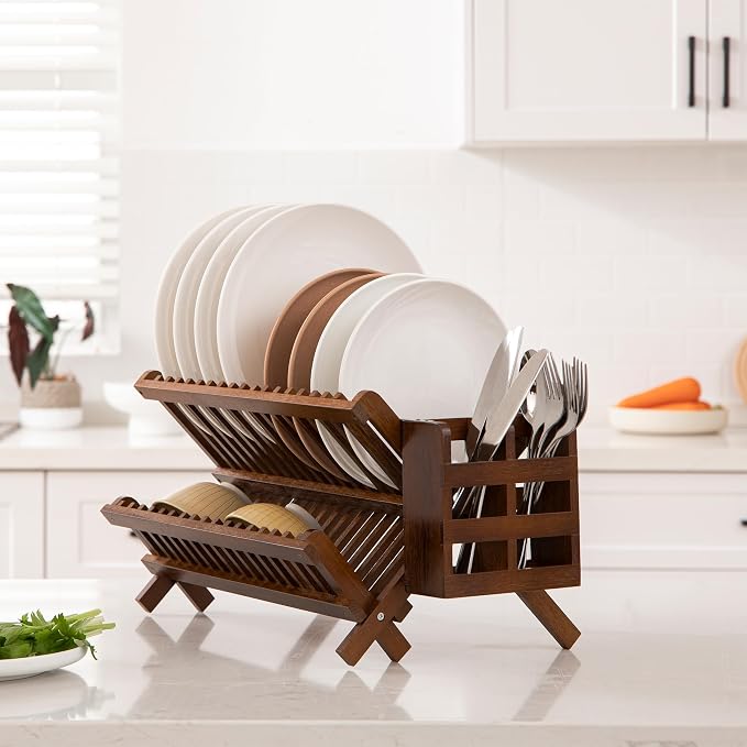 HBlife Dish Rack,Teak Folding 2-Tier Collapsible Drainer Dish Drying Rack with Utensils Flatware Holder Set (Dish Rack with Utensil Holder) - Image 5