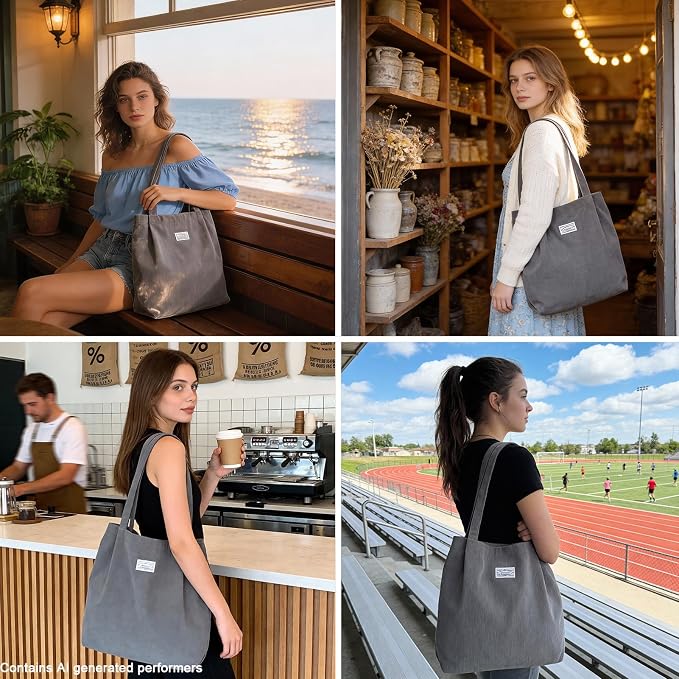 UERRUAM Corduroy Tote Bag for Women with Inner Pockets, Cute Go-to Bag | Slouchy Shoulder Bag for Everyday, Work, Books, Beach & Grocery Shopping, Lightweight Washable Foldable, Cloth Purse - Image 2