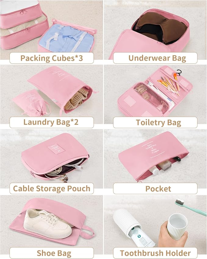 Packing Cubes 11 Set, Suitcase Organizers, Luggage Organizer Bags, Packing Cubes for Travel, with Toiletry Bag, Travel Essentials,Pink - Image 7