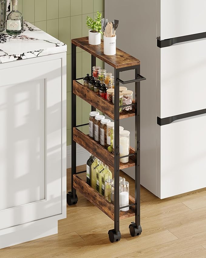 4-Tier Slim Storage Cart, 5.1'' Kitchen Serving Trolley, Slim Rolling Cart with Handle and Guard Rails, Slim Cabinet for Small Spaces, for Dining Room, Rustic Brown and Black TTC01BF by Choezon