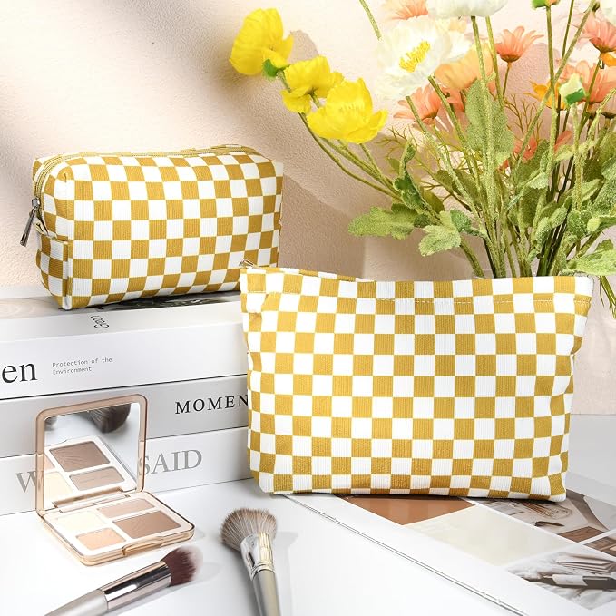 SOIDRAM 2 Pcs Checkered Makeup Bag Large Cosmetic Bag Toiletry Bag Makeup Pouch Travel Bag Organizer Cute Makeup Brushes Aesthetic Accessories Storage Bag for Women Golden Yellow - Image 2