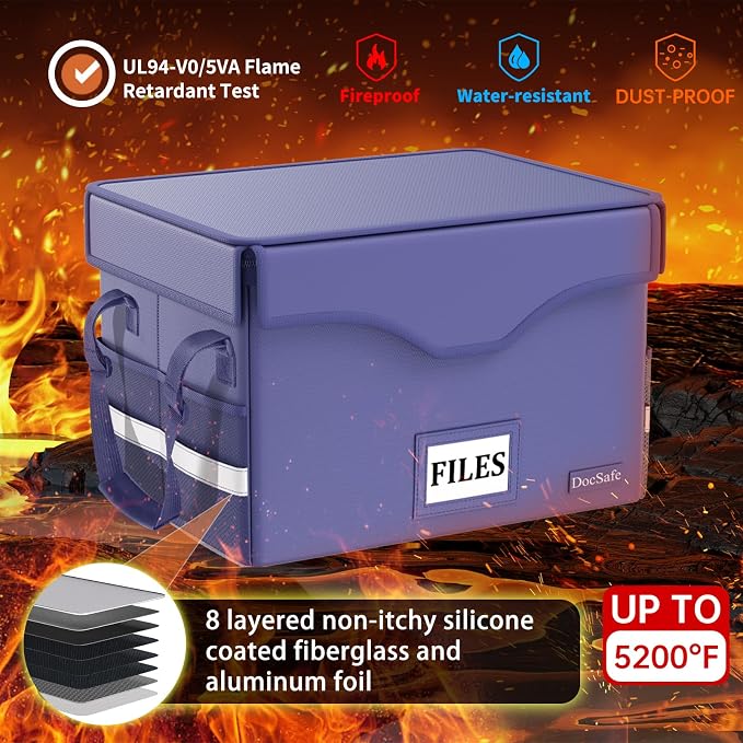 DocSafe 5200°F Fireproof Document Box with Lock,Heat Insulated File Organizer Storage with Pockets,Collapsible Portable Home Office File Safe Box with Handle for Hanging Letter/Legal Folders, Blue - Image 3