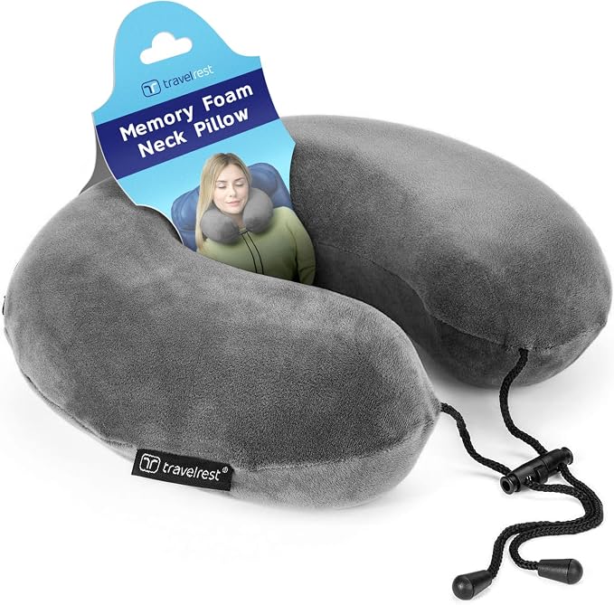 TRAVELREST Curl Neck Pillow Travel Essentials - Memory Foam Support - Grey | Breathable, Compact, Soft and Comfortable Design, Head & Shoulder Support For Long Flight Travel, Lightweight Washable Cover by TRAVELREST