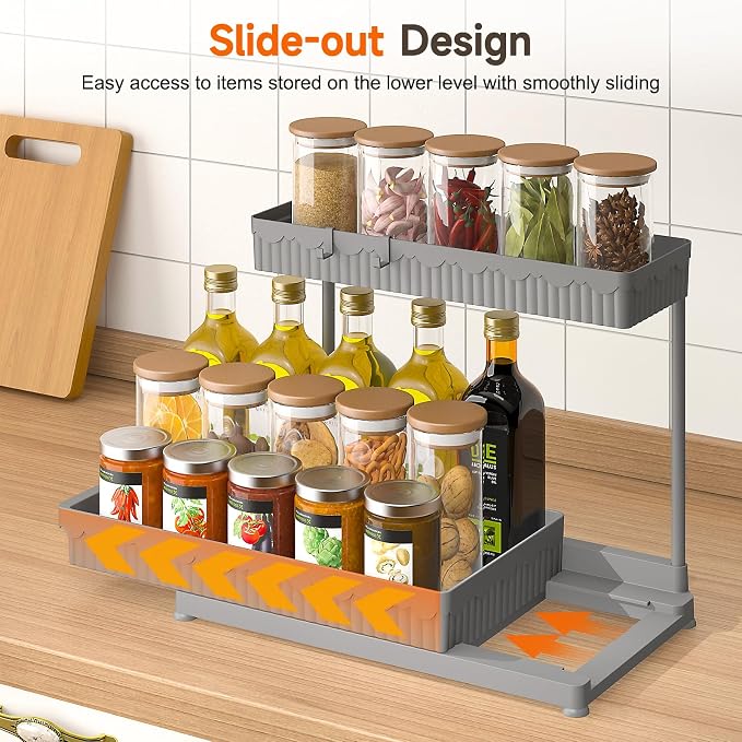 3-Pack 2-Tier L-Shaped Under Sink Organizers with Sliding Drawers | Multi-use kitchen & bathroom storage, 14.85 inch grey cabinet organizer, space-saving sliding drawer design. - Image 3