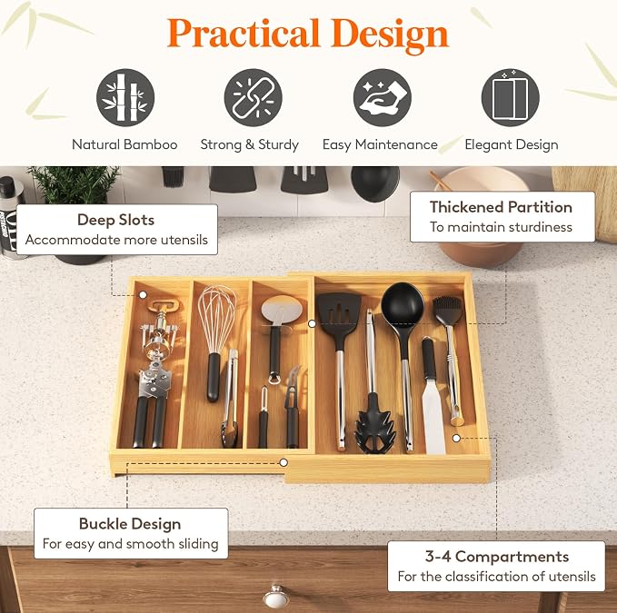 Lifewit Bamboo Utensil Organizer for Kitchen Drawer, Cooking Utensil Tray | Expandable Cutlery Silverware Flatware Holder, Wood Adjustable Spatula Tools Storage Divider, 11.9-21.7 x 15.75", Natural - Image 5