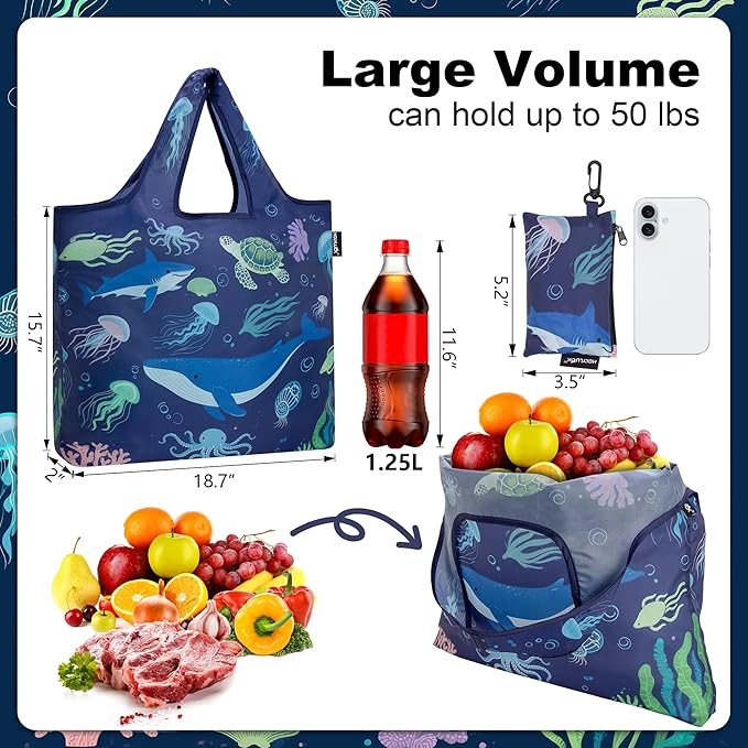 HOLYLUCK Reusable Grocery Bags,Heavy Duty Foldable Shopping Tote Bag (Standard, 3 Whales) - Image 3