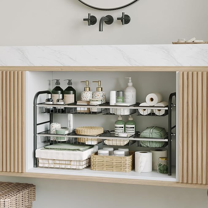 Under Sink Organizers and Storage,Expandable under cabinet organizer Shelf | 2 tier expandable shelf for kitchen and bathroom,8 Baskets,Adjustable partition height,20.7-32.3" W - Image 6