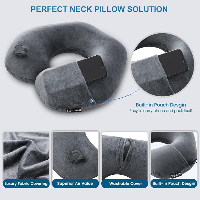 Keemall Inflatable Travel Neck Pillow, Cervical Support for Airplane & Car | Portable Super Soft Foldable Neck Cushion Headrest, Adjustable Support for Plane, Train&Office Naps to Help Relieve Neck Pain - Image 6