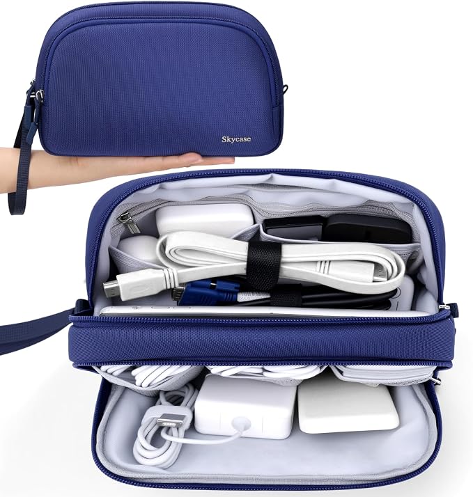 Skycase Travel Cable Organizer - Lightweight Water Resistant Dual-Layer Tech Pouch with Wrist Strap 9 Compartments Electronic Organizer Travel Case for Charger Cord Hard Drive,Large,Blue by Skycase
