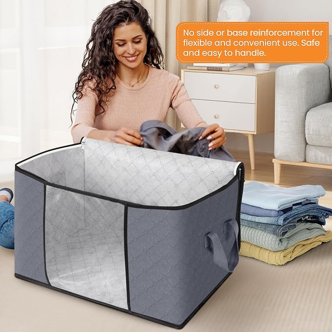 90L Clothes Storage, Foldable Thick Fabric Blanket Storage Bags | Foldable Containers with Zippers,Window and Handles for Organizing Bedroom, Closet, Comforter, Bedding,Dorm essentials - Image 3