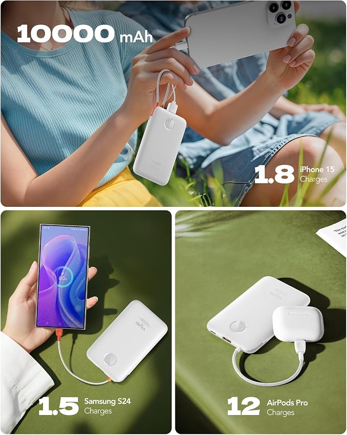 VIYISI 0.58” Slim Portable Charger Small 10000mAh with Built-in USB C Cable | 20W Compact Power Bank Fast Charging Battery Pack, Campus Essential for iPhone 17 16 15 Samsung S25 A16 Android-White - Image 7