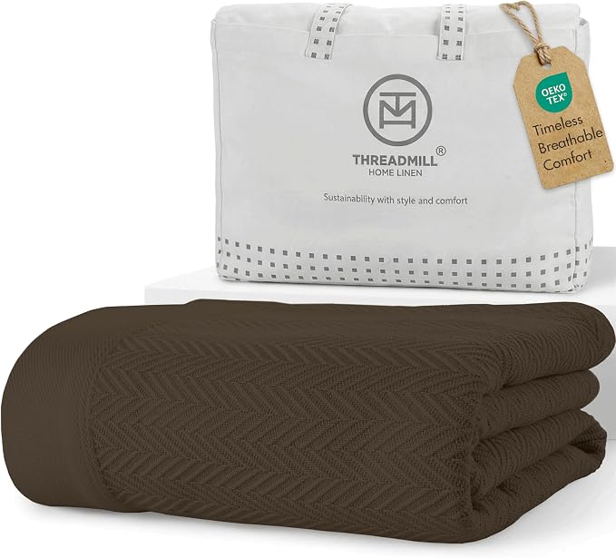 Threadmill Luxury Cotton Blankets for King Size Bed | All-Season Cozy 100% Cotton King Size Blanket | Herringbone Soft Fall Thermal Blanket fits California King Size Bed | Espresso by ThreadmillHomeLinen