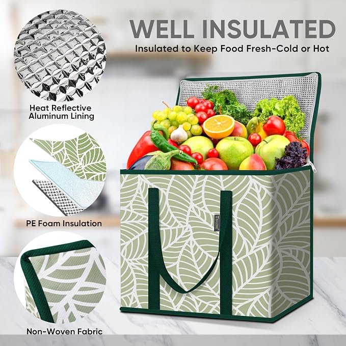 BALEINE 1Pk Insulated Reusable Grocery Bags, Collapsible Cooler Bag for Groceries, Heavy Duty Large Insulated Bag (16''x9''x13'', Antique Foliage) - Image 2