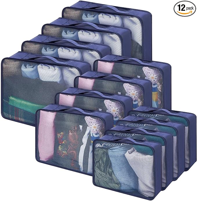Silkfly 12 Pcs Packing Cubes for Suitcase Travel Luggage Bags Bulk Mesh Organizer Set for Hiking Camping Backpacking Clothes Accessories (Navy Blue,XL, L, M Size) by Silkfly
