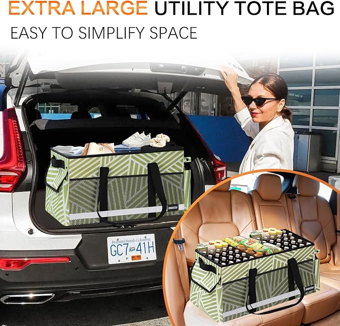 Upgrade Extra Large Utility Tote Bag with Reflective Strip, Standing Reusable Grocery Bags with Hard Bottom, Collapsible Utility Tote with Handles for Shopping, Beach, Picnics, Car, Twill Green - Image 7
