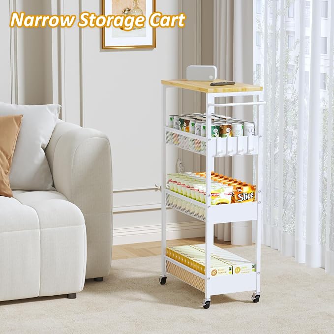 Vincona 9.1" Wide Slim Rolling Utility Cart, 4 Tier Metal Narrow Storage Cart with Handle and Wood Top, Multifunctional Small Mobile Shelf Unit Organizer Trolley for Laundry, Bathroom, Kitchen - Image 6