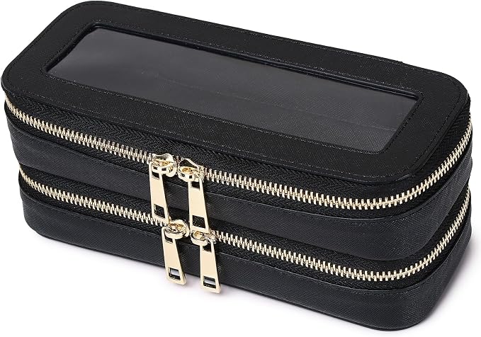 Pinkmik Double Layer Makeup Bag, Black, Double SLIM | Makeup Brush Case, Waterproof, Travel Cosmetic & Toiletry Organizer, by Pinkmik
